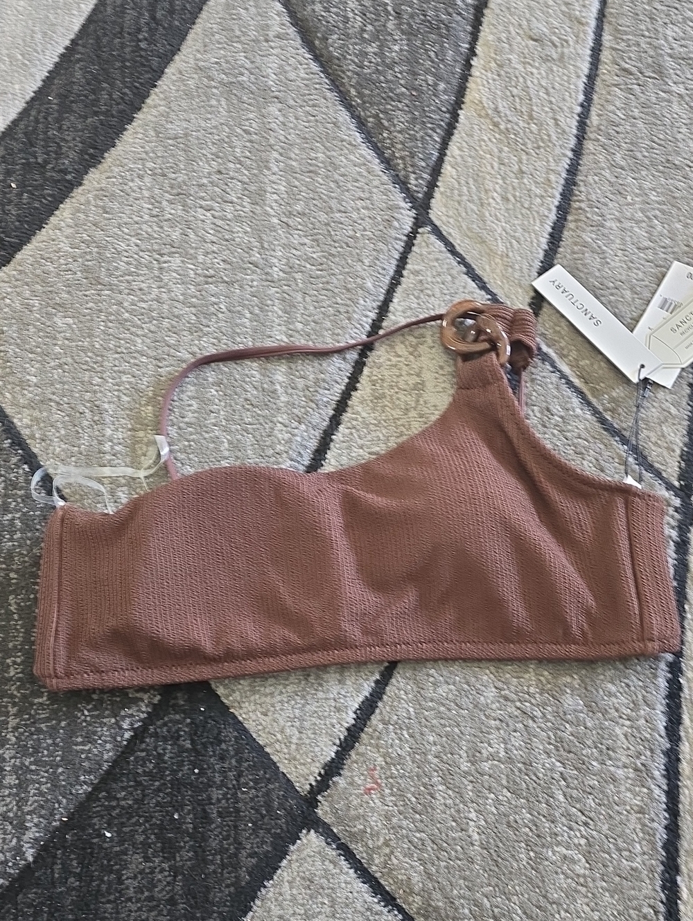 Sanctuary One-Shoulder Brown Bikini Top with Ring Detail Sz Lg Nwt